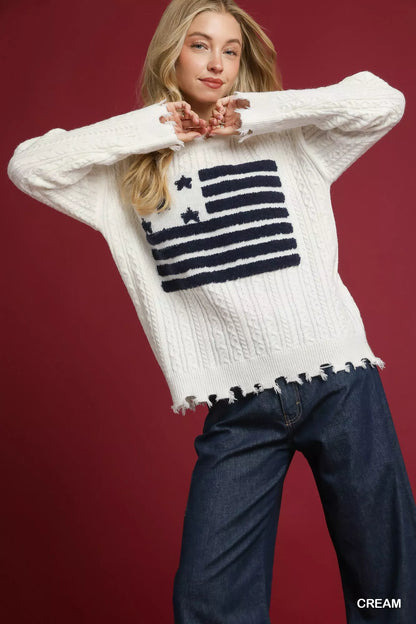 Umgee Distressed American Flag Sweater - Tigbul's Variety Fashion Shop