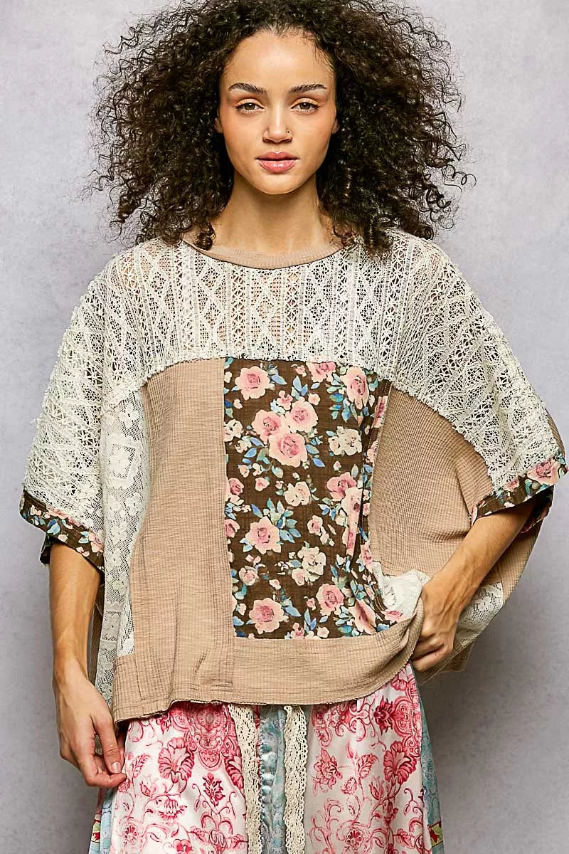 POL Floral Patchwork Lace Accent Blouse - Tigbul's Variety Fashion Shop