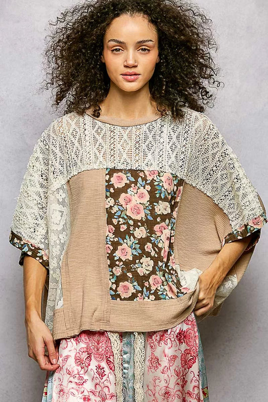 POL Floral Patchwork Lace Accent Blouse - Tigbul's Variety Fashion Shop