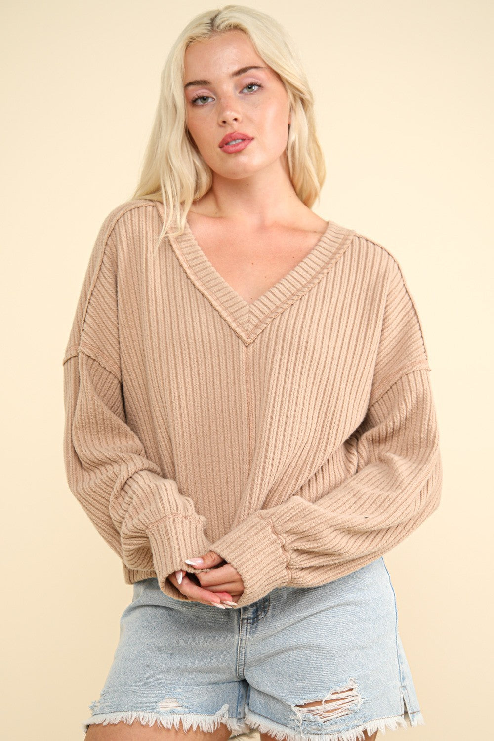 VERY J Exposed Seam V-Neck Ribbed Knit Top - Tigbul's Variety Fashion Shop