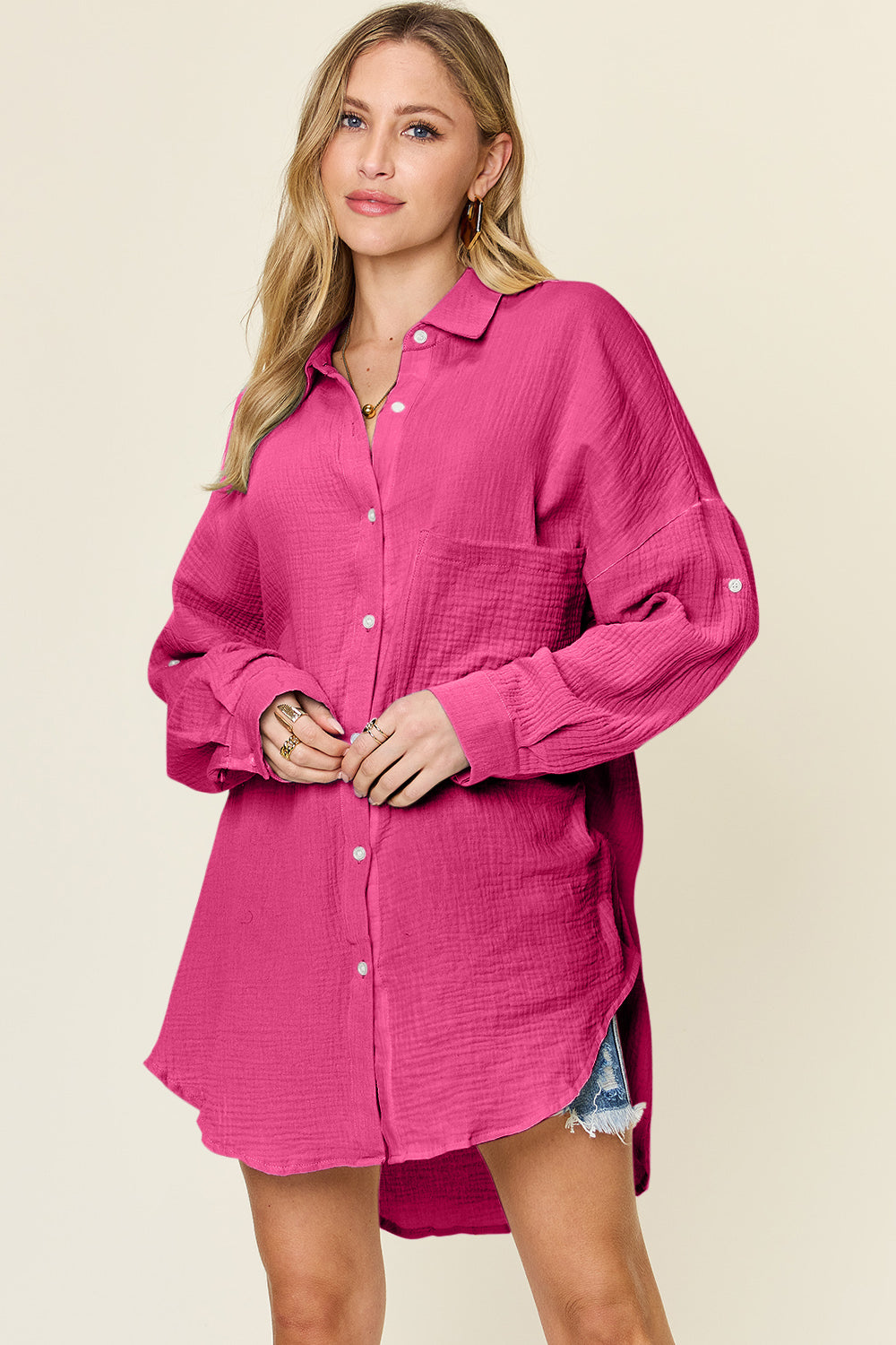 Double Take Full Size Pocketed Texture Button Up Shirt - Tigbul's Variety Fashion Shop