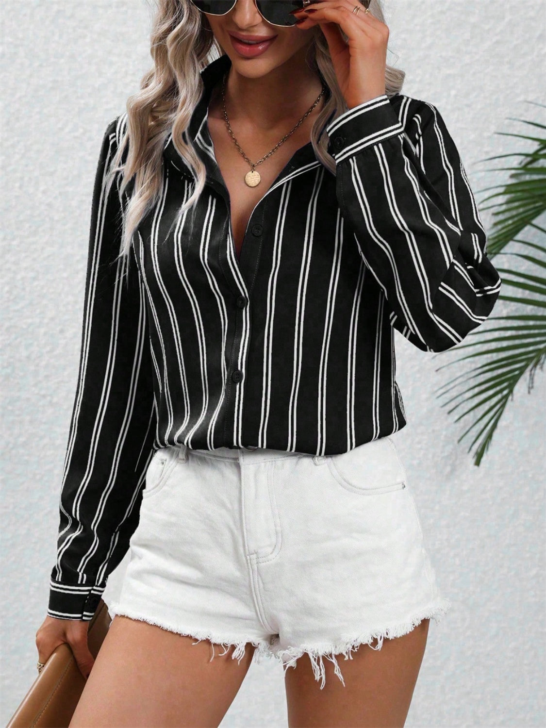 Striped Collared Neck Long Sleeve Shirt - Tigbul's Variety Fashion Shop