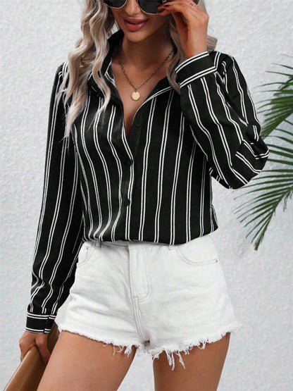 Striped Collared Neck Long Sleeve Shirt - Tigbul's Variety Fashion Shop