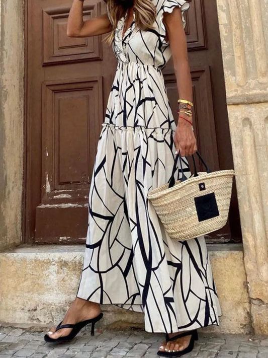 Abstract Print Ruffle Sleeve V-Neck Midi Dress - Tigbul's Variety Fashion Shop