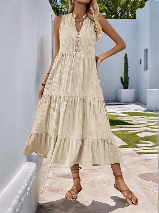 Notched Sleeveless Midi Tiered Dress - Tigbul's Variety Fashion Shop