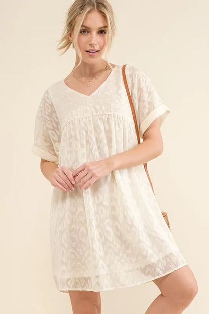 Woven Leopard Baby Doll Roll-Sleeve Casual White Dress - Tigbul's Variety Fashion Shop