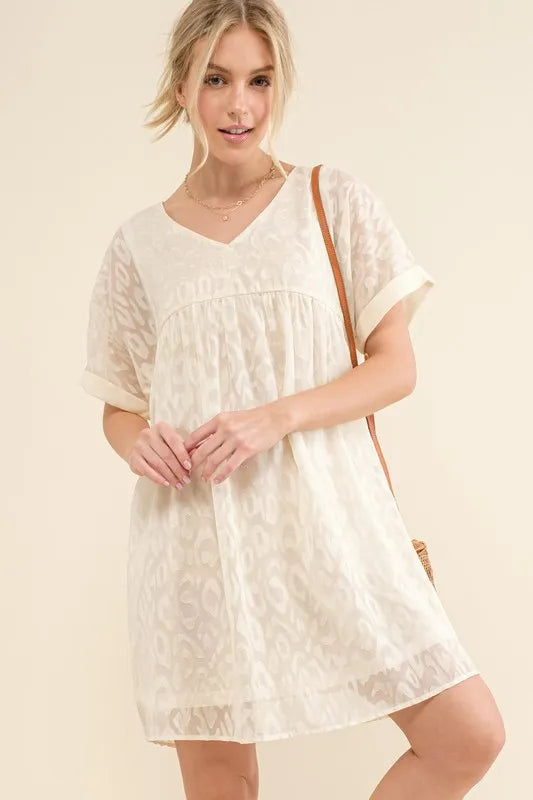 Woven Leopard Baby Doll Roll-Sleeve Casual White Dress - Tigbul's Variety Fashion Shop