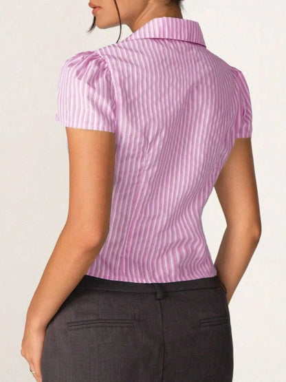 Striped Collared Neck Short Sleeve Shirt - Tigbul's Variety Fashion Shop