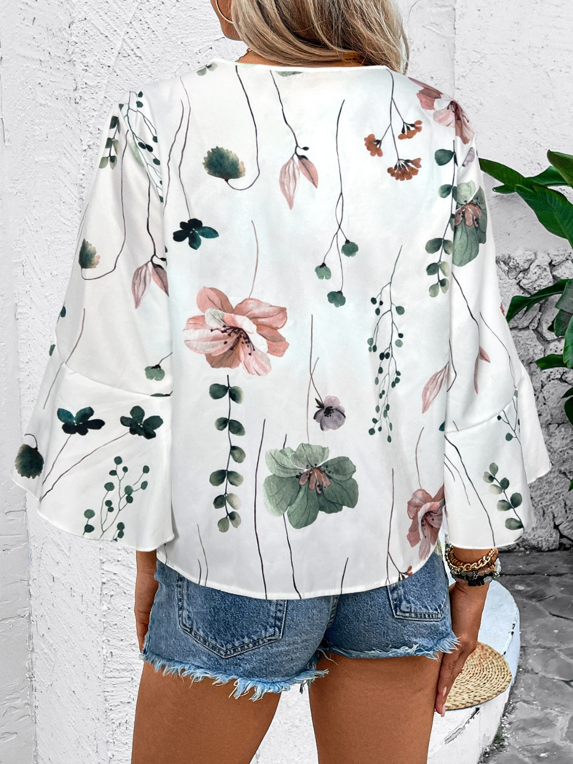 Ruffled Printed V-Neck Half Sleeve Blouse - Tigbul's Variety Fashion Shop