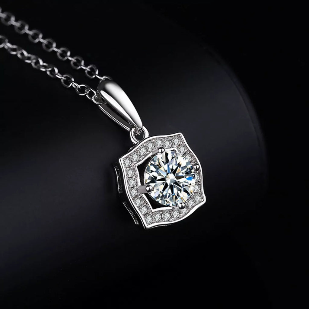 925 sterling silver necklace with hexagonal moissanite-style pendant and halo stones
