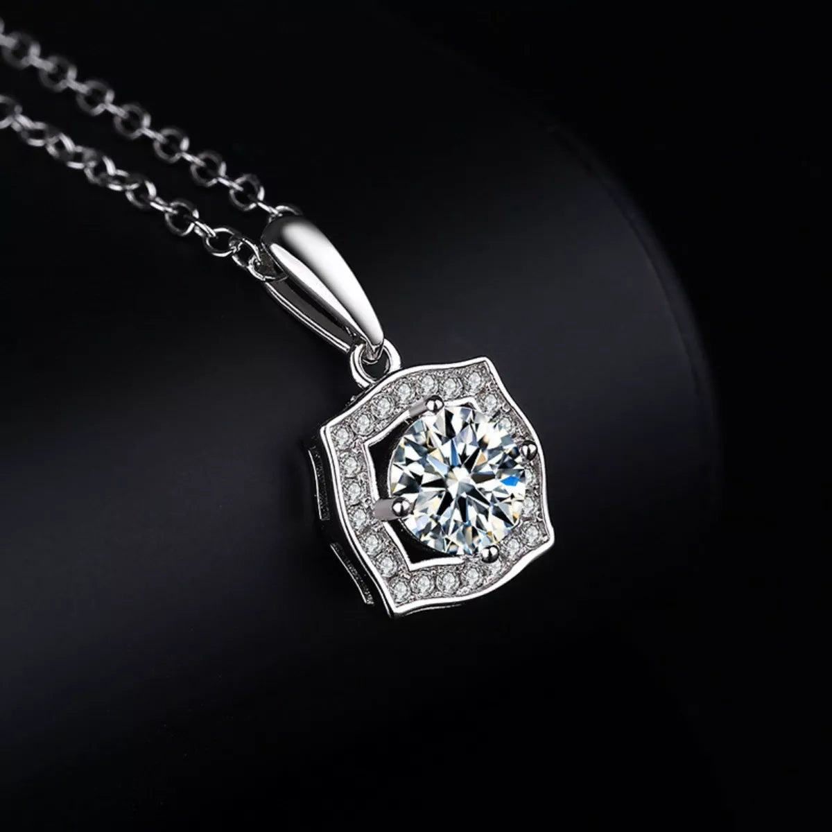 925 sterling silver necklace with hexagonal moissanite-style pendant and halo stones