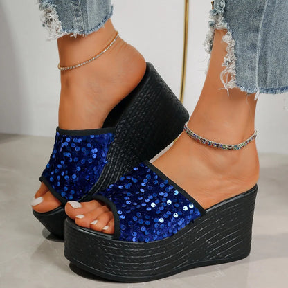Rhinestone Peep Toe Wedge Sandals - Tigbul's Variety Fashion Shop