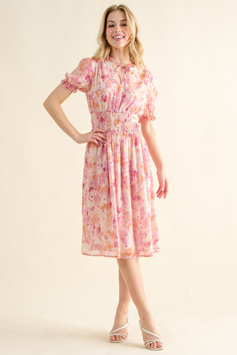 And The Why Full Size Smocked Waist Printed Midi Dress - Tigbul's Variety Fashion Shop