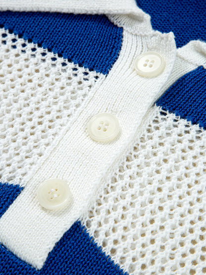 Stripe Colorblock Polo Collar Crochet Knitted Cover Up - Tigbul's Variety Fashion Shop