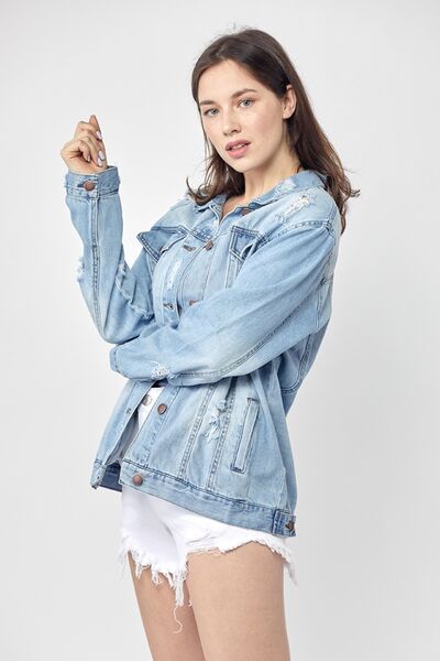 Light Blue Distressed Long Sleeve Denim Jacket Small-3XL | Tigbuls