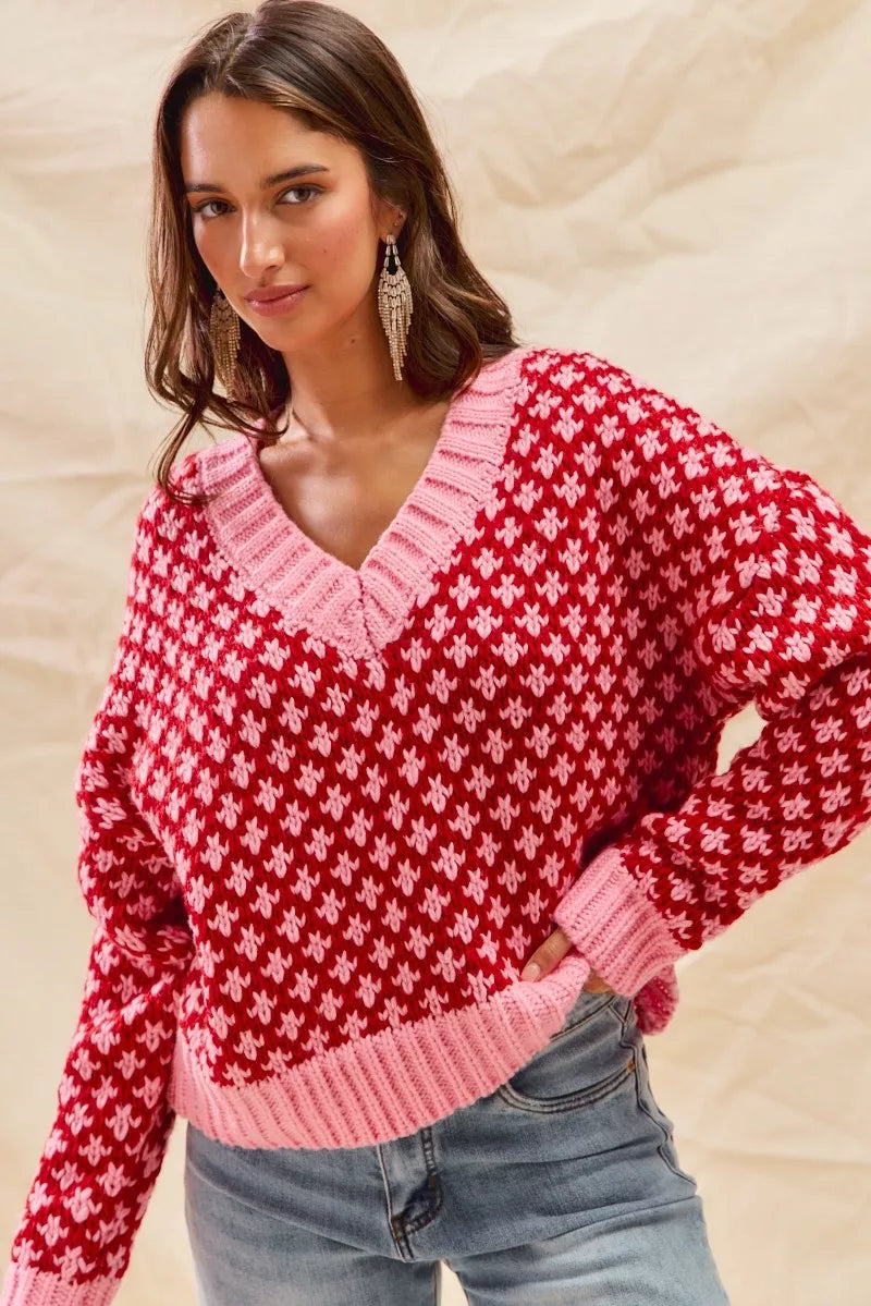 SO ME Color Block Textured Christmas Sweater V Neck Top - Tigbul's Variety Fashion Shop