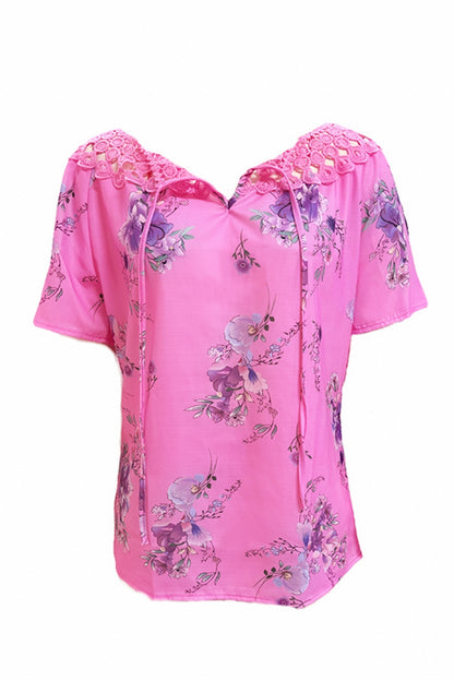 Full Size Printed Tie Neck Short Sleeve Blouse - Tigbul's Variety Fashion Shop