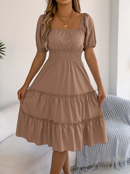 Square Neck Short Puff Sleeve Dress - Tigbul's Variety Fashion Shop