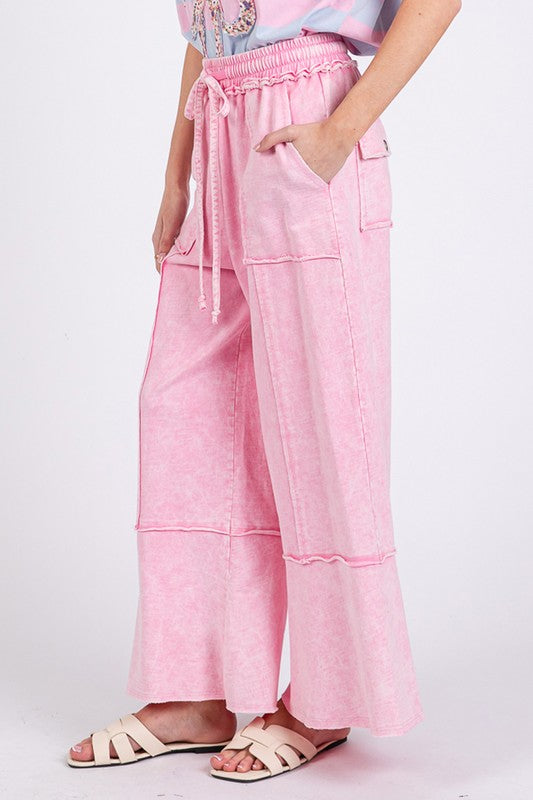 Pink Mineral Washed Terry Wide Leg Pants - Tigbul's Variety Fashion Shop