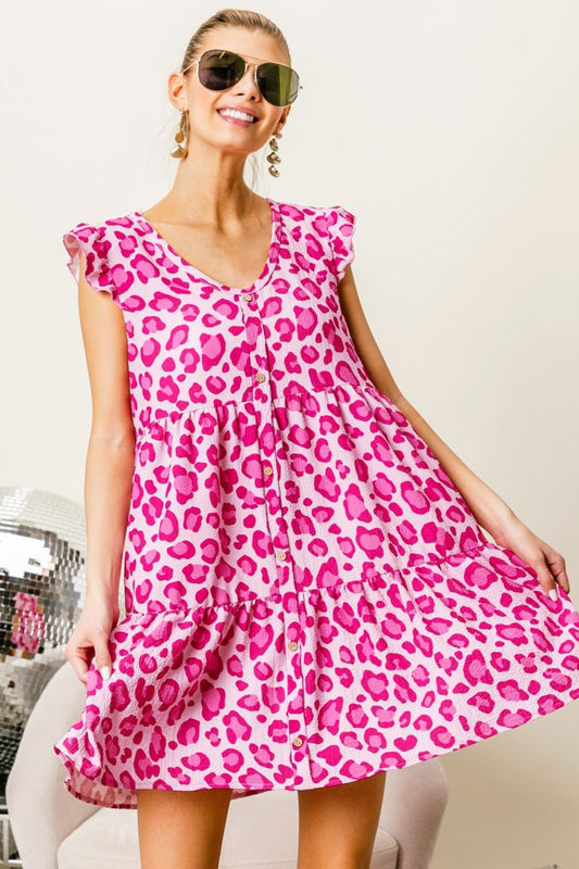 BiBi Leopard Cap Sleeve Tiered Mini Dress - Tigbuls Variety Fashion
