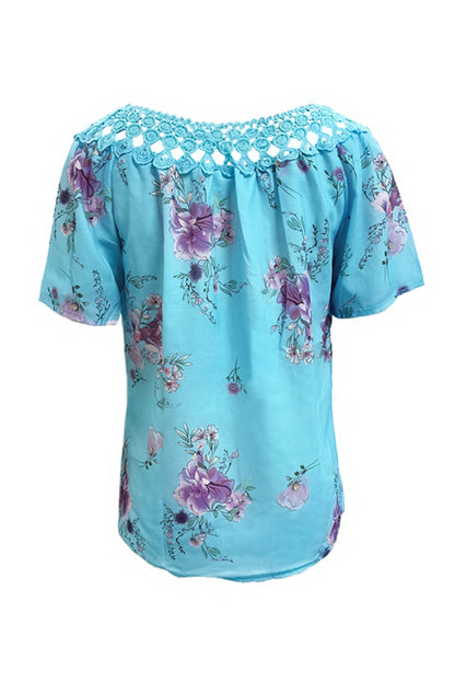 Full Size Printed Tie Neck Short Sleeve Blouse - Tigbul's Variety Fashion Shop