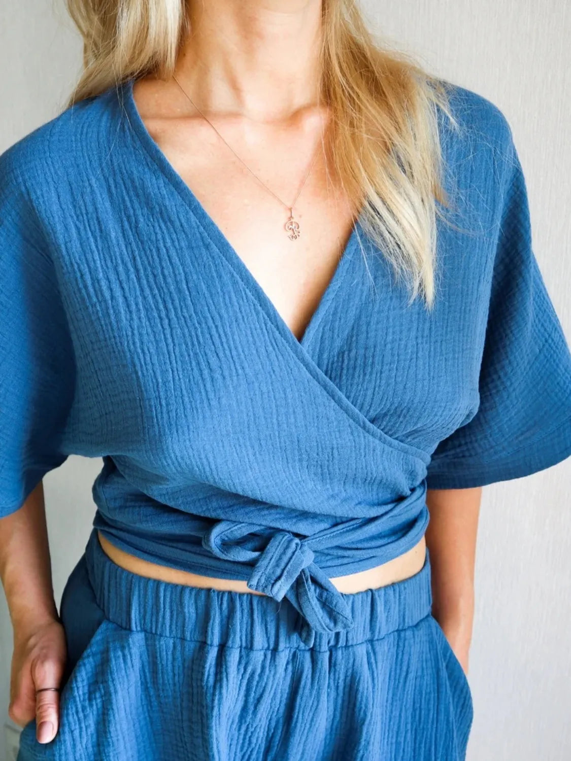 Tied Textured Half Sleeve Blue Blouse - Tigbul's Variety Fashion Shop
