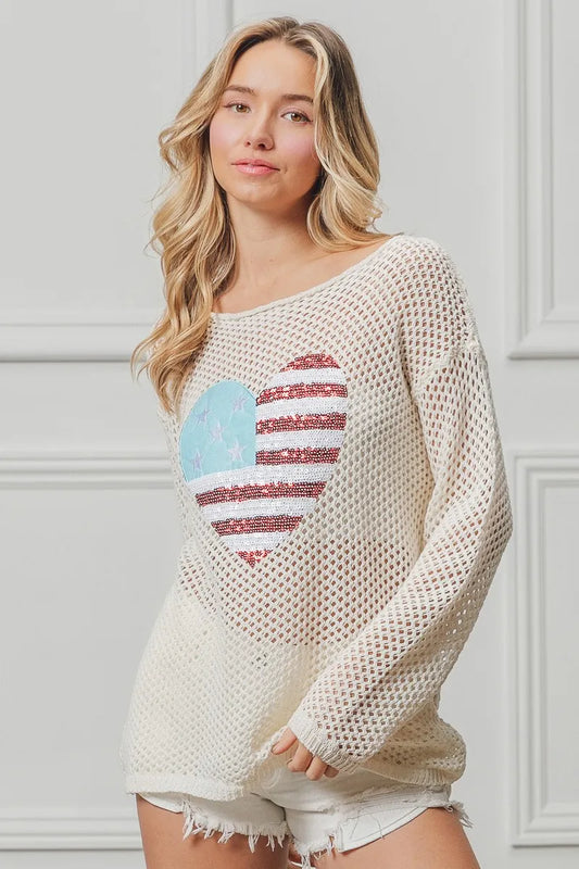 Off White Sequin American Flag Heart Knit Top - Tigbul's Variety Fashion Shop