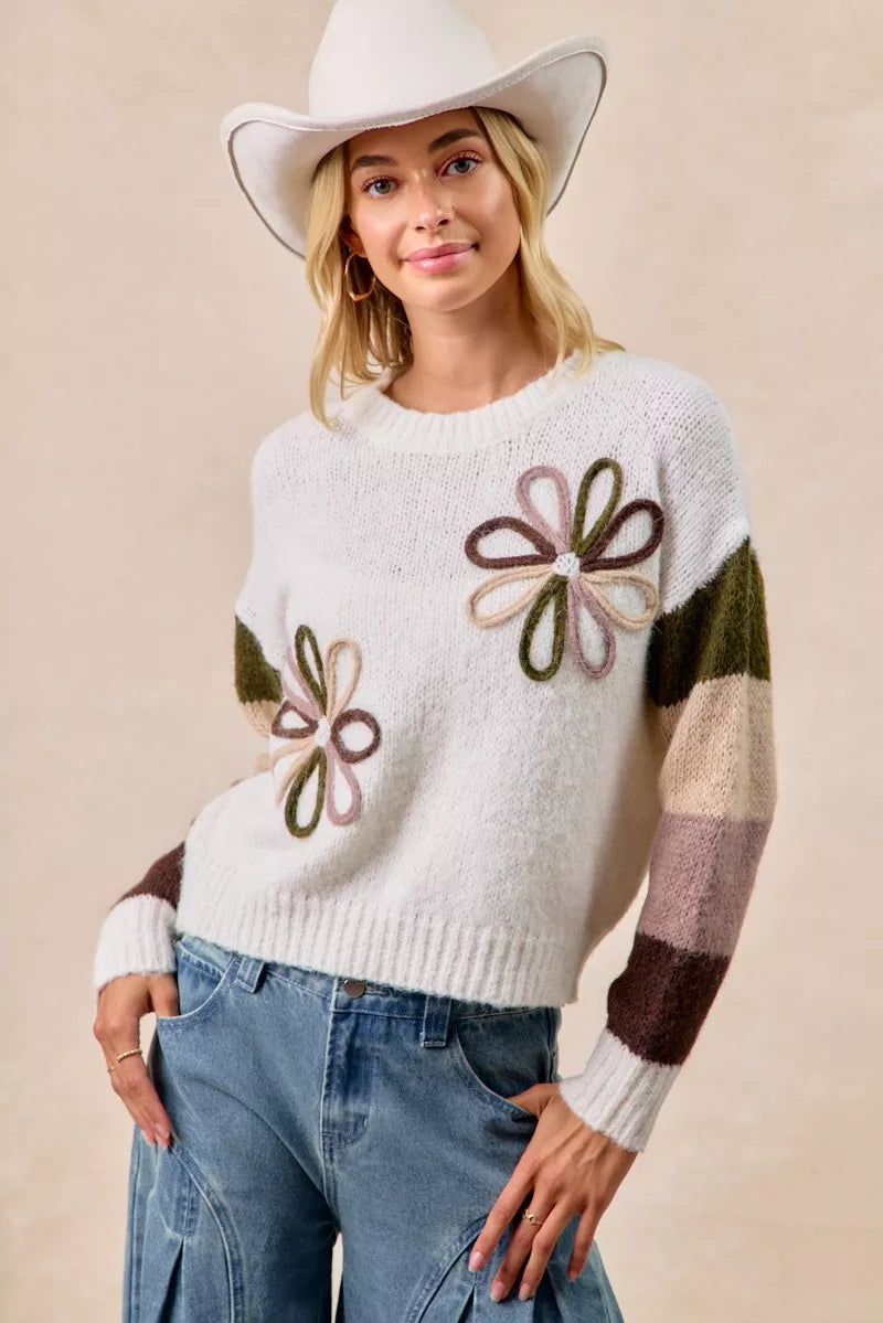 BiBi Flower Color Block Sweater - Tigbul's Variety Fashion Shop
