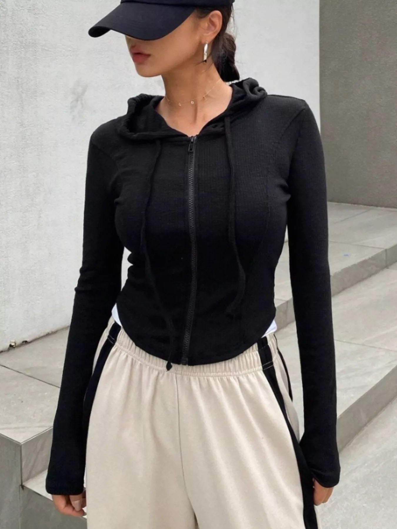 Ribbed Knit Cropped Zip-Up Outerwear - Tigbul's Variety Fashion Shop