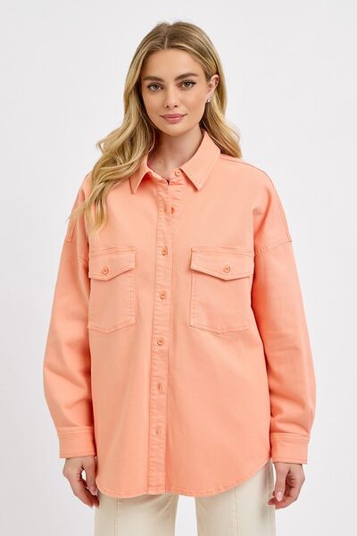 Pink Button Down Long Sleeve Denim Shacket | Tigbuls