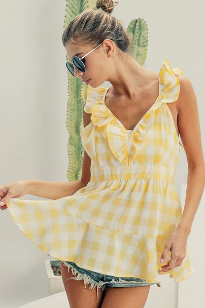 Ruffled Neckline Sleeveless Check Plaid Peplum Top - Tigbul's Variety Fashion Shop