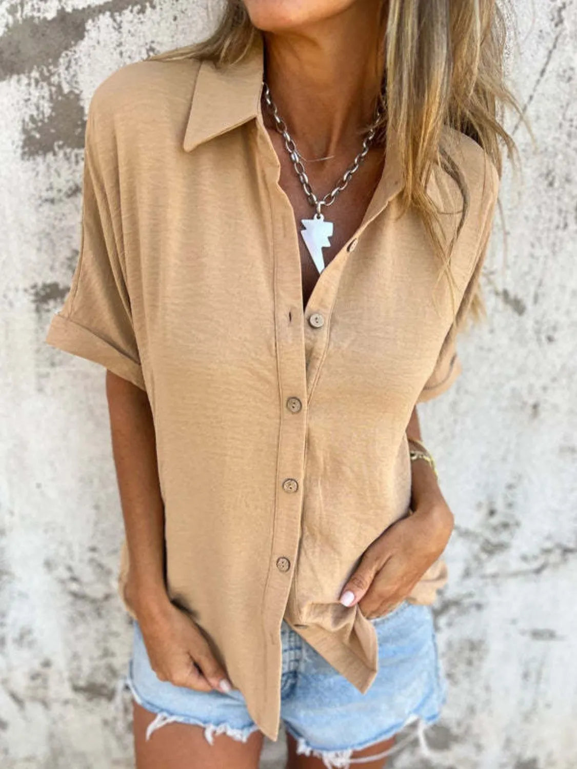 Full Size Collared Neck Half Sleeve Shirt - Tigbul's Variety Fashion Shop