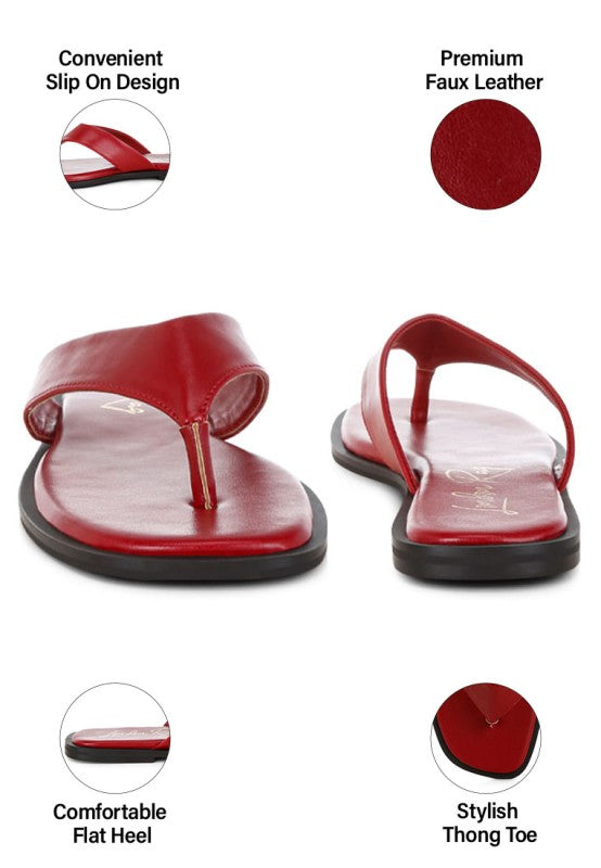 Perrys toe-post thong flats in red faux leather, flat sole, thong strap detail