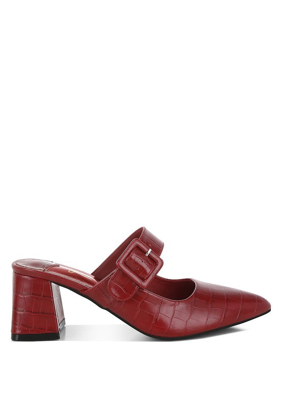 Dk Red croc buckle mule with open back and thick block heel, front 3/4 view