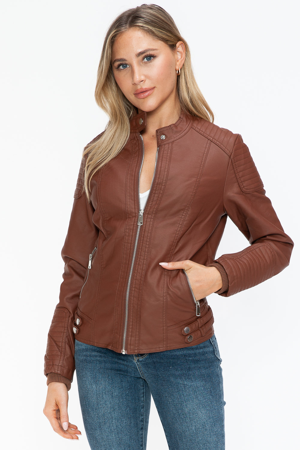 Brown Faux Leather Biker Jacket with Side Zip Pockets