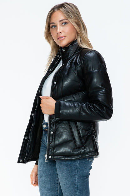 Black Pocketed Zip Up Turtleneck Puffer Jacket