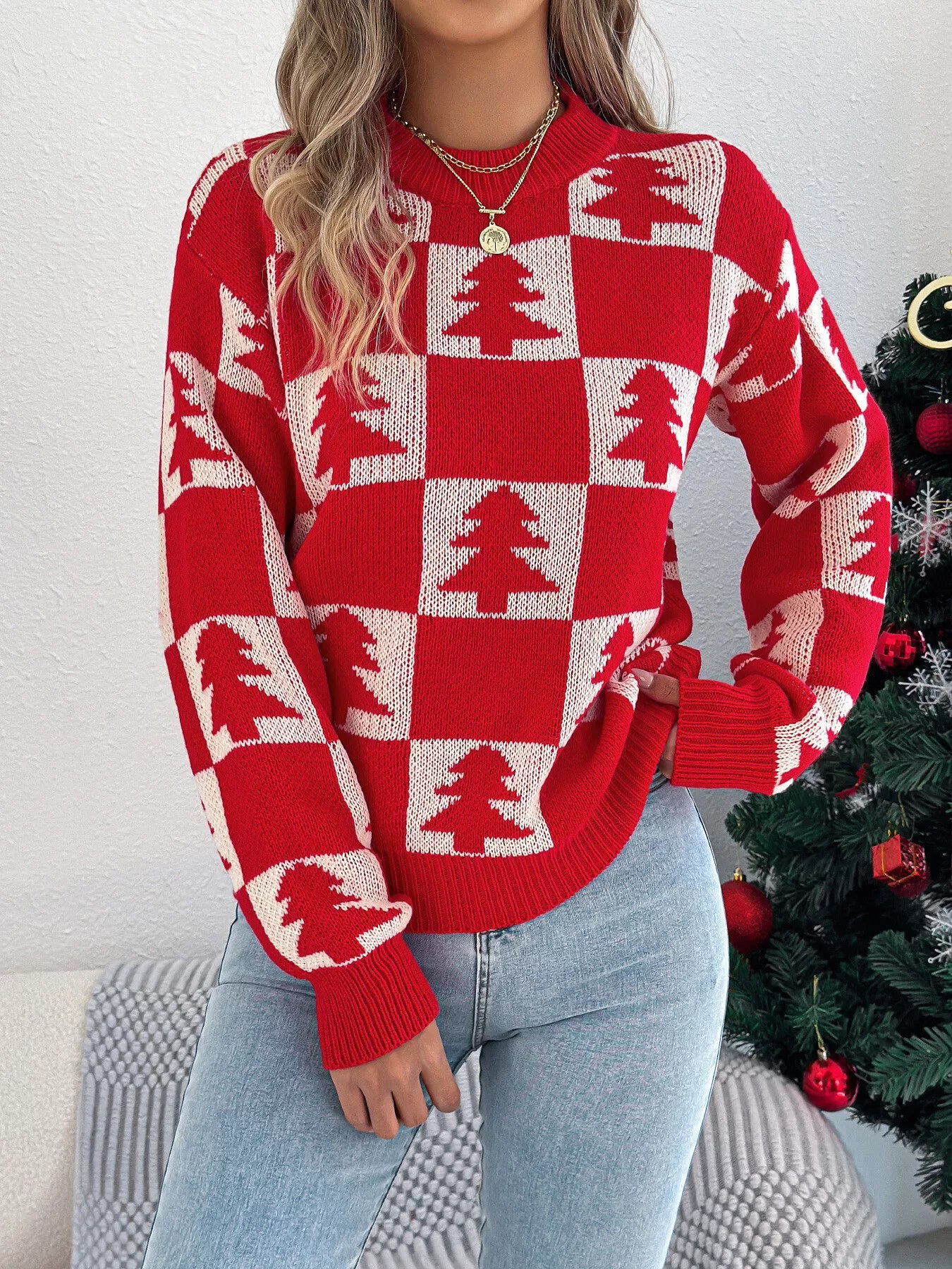 Christmas Tree Checkerboard Pattern Sweater - Tigbul's Variety Fashion Shop
