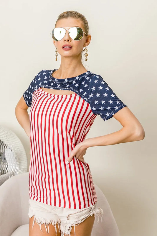 American Flag Theme Front Cut Out Top - Tigbul's Variety Fashion Shop