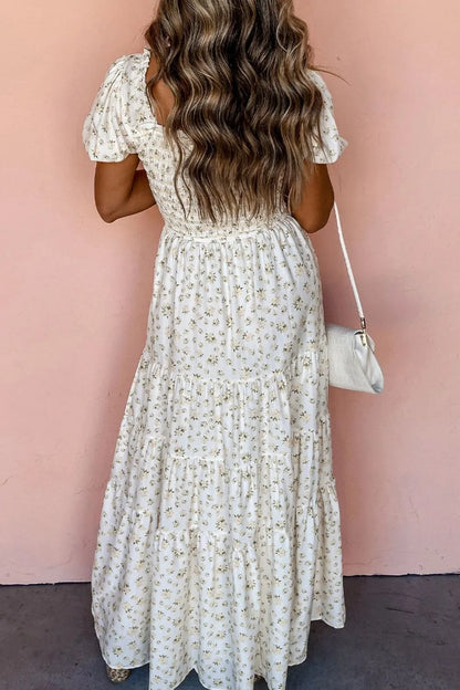 White Floral Smocked Short Puff Sleeve Maxi Dress - Tigbul's Variety Fashion Shop