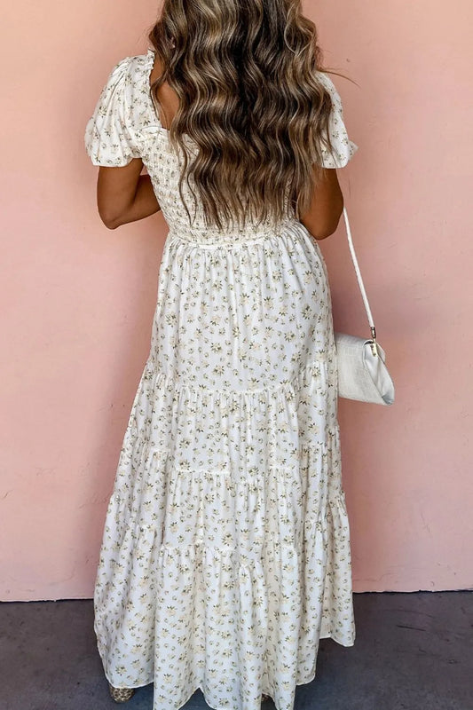 White Floral Smocked Short Puff Sleeve Maxi Dress - Tigbul's Variety Fashion Shop