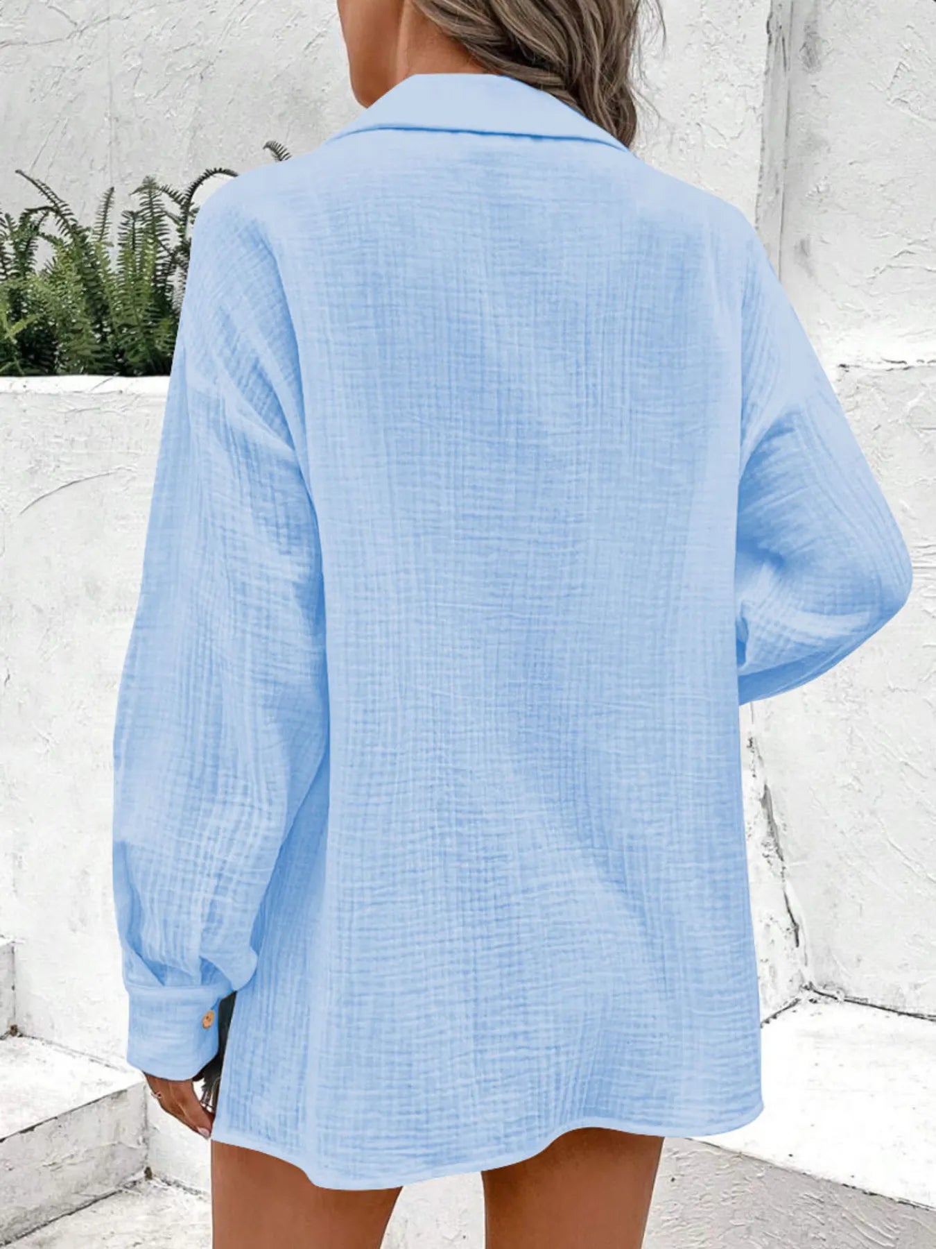 Texture Button Down Side Slit Long Sleeve Shirt - Tigbul's Variety Fashion Shop