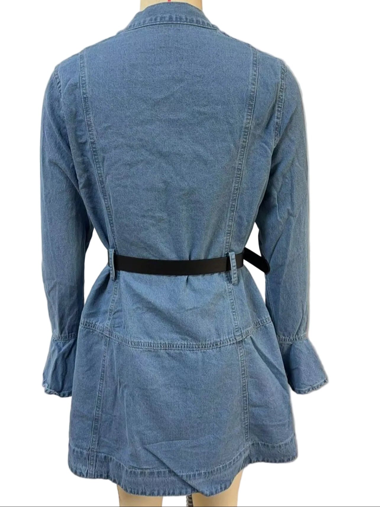 Denim mini dress back view with belt, seam details, flared sleeve cuffs