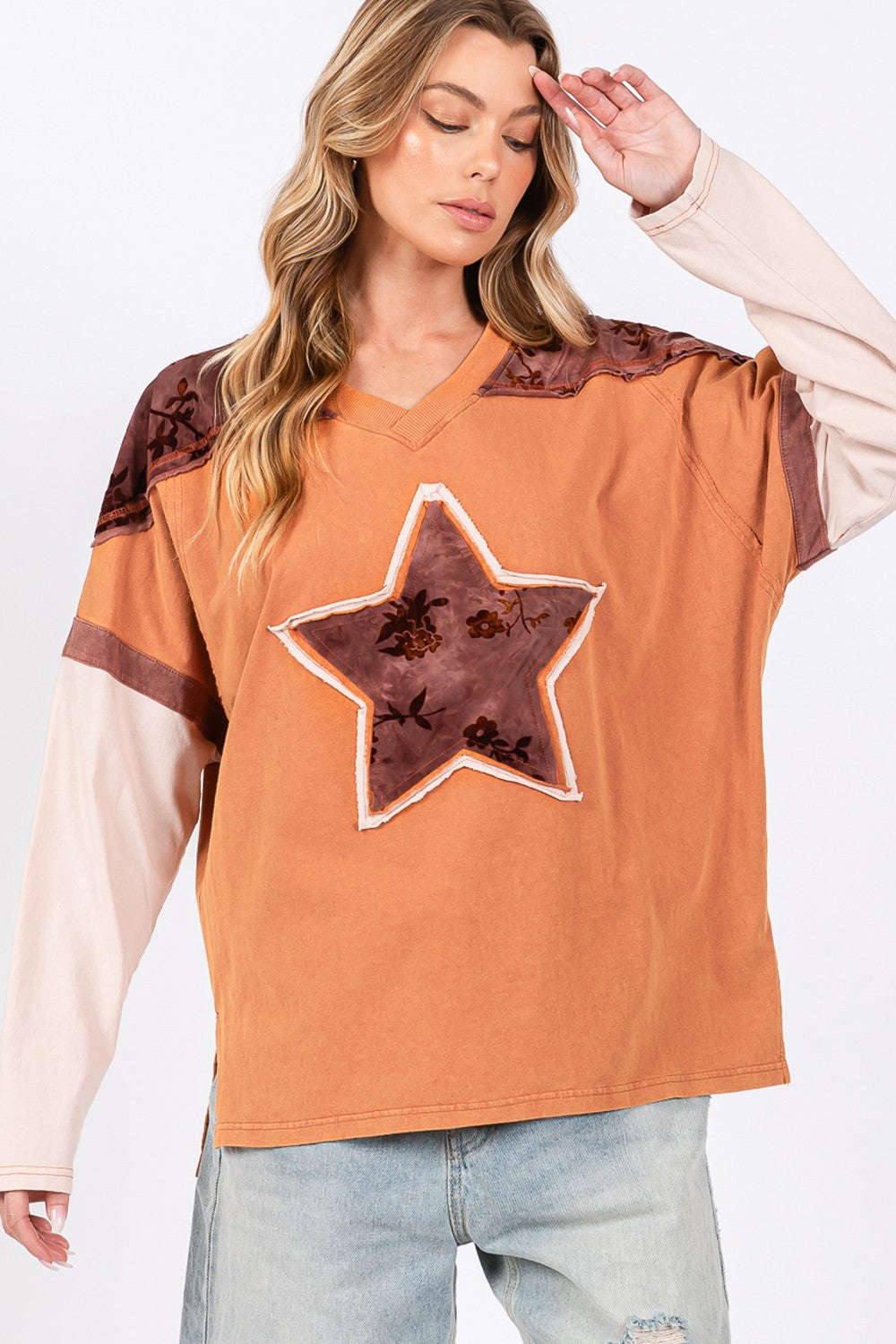 SAGE + FIG Star Patch Long Sleeve Color Block T-Shirt - Tigbul's Variety Fashion Shop