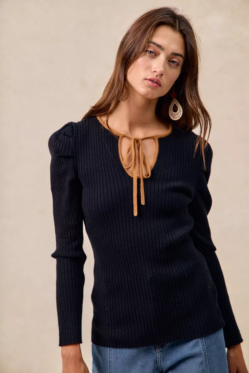 BiBi Ribbed Contrast Front Tied Top with Shrried - Tigbul's Variety Fashion Shop