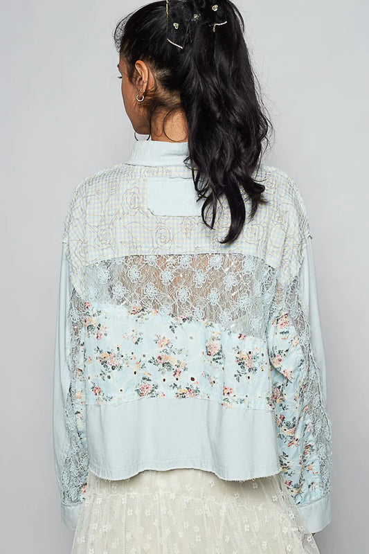 POL Blue Floral Long Sleeve Shirt with Lace Panel Details - Tigbul's Variety Fashion Shop