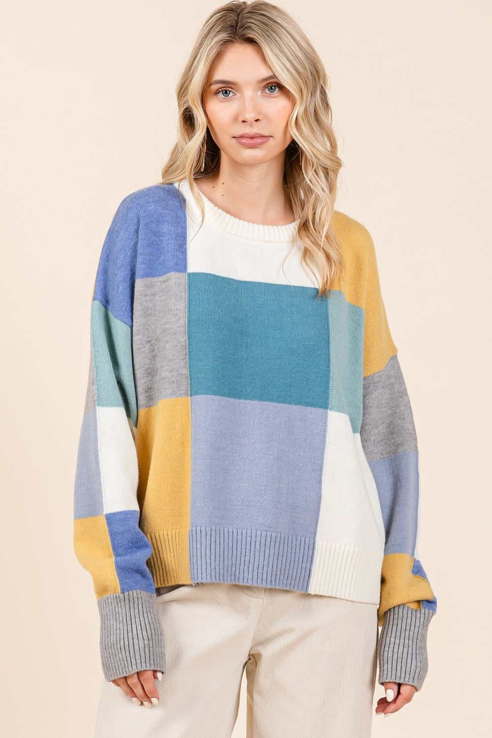 Color Block Round Neck Sweater - Tigbul's Variety Fashion Shop