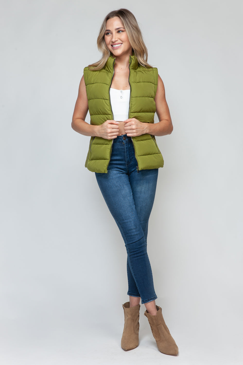 Green Zip Up Turtleneck Vest with Pockets - Tigbul's Variety Fashion Shop