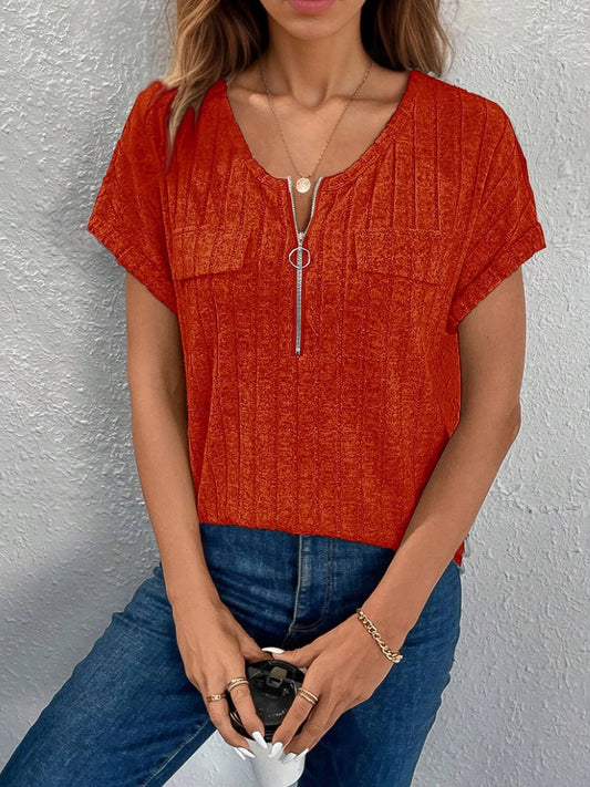 Zip-Front Short Sleeve T-Shirt - Tigbul's Variety Fashion Shop