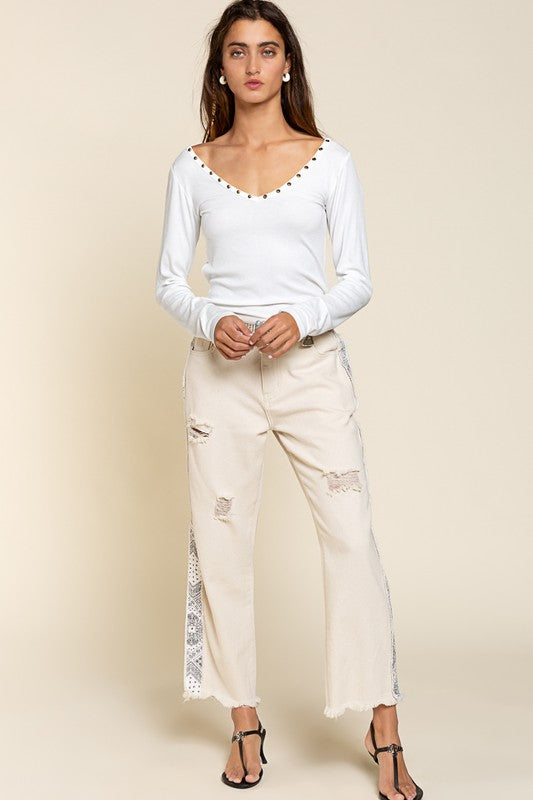 Studded Ribbed V-Neck Top - Tigbul's Variety Fashion Shop