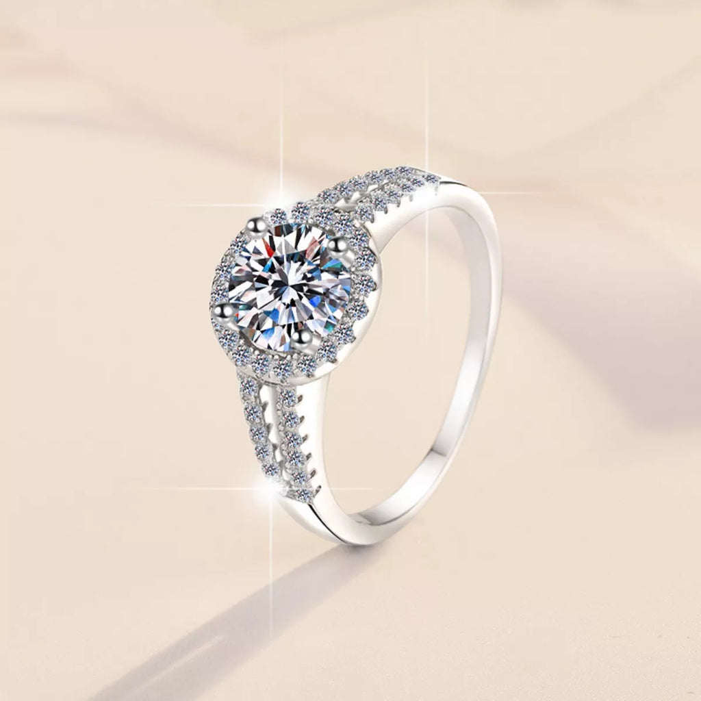 1-carat 925 sterling silver moissanite halo ring, round center stone, pavé band